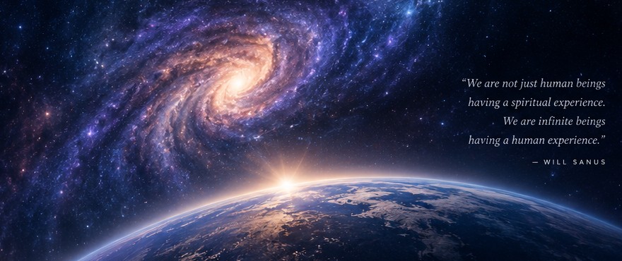 A luminous spiral galaxy above the curve of a planet